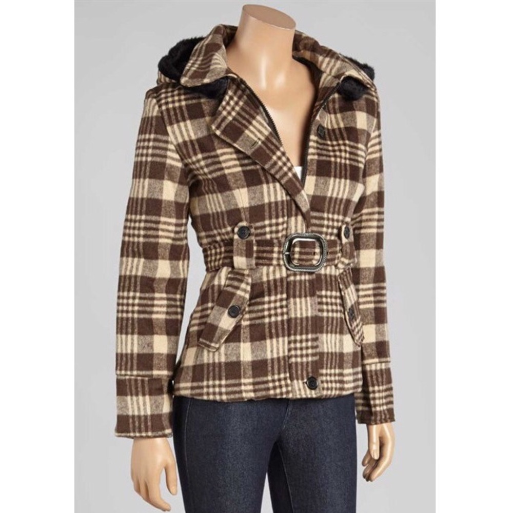 Tartan Brown Plaid Belted Jacket